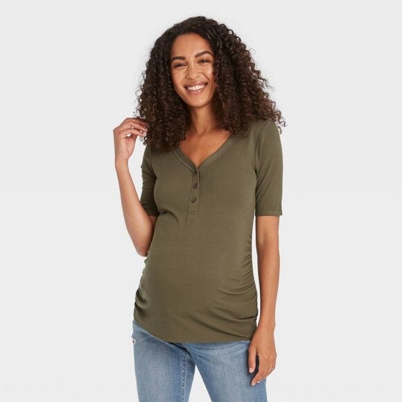 Isabel Maternity by Ingrid & Isabel Elbow Sleeve V-Neck Henley Maternity Top S - Picture 1 of 4